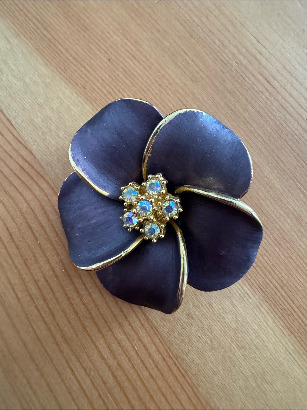 Gold-Trim Purple Flower Brooch with Aurora Crystal Center